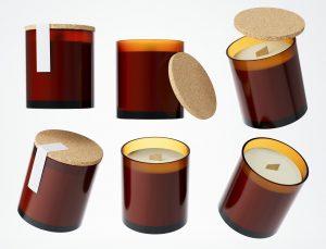 Aroma candle with wooden wick in amber glass jar with cork lid 3D render, branding and design ready commercial mockup with copy space